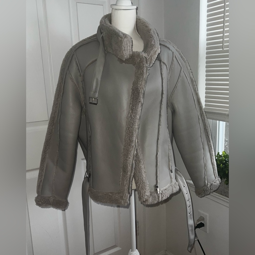 Premium Grey Borg Belted Aviator Jacket size 12
